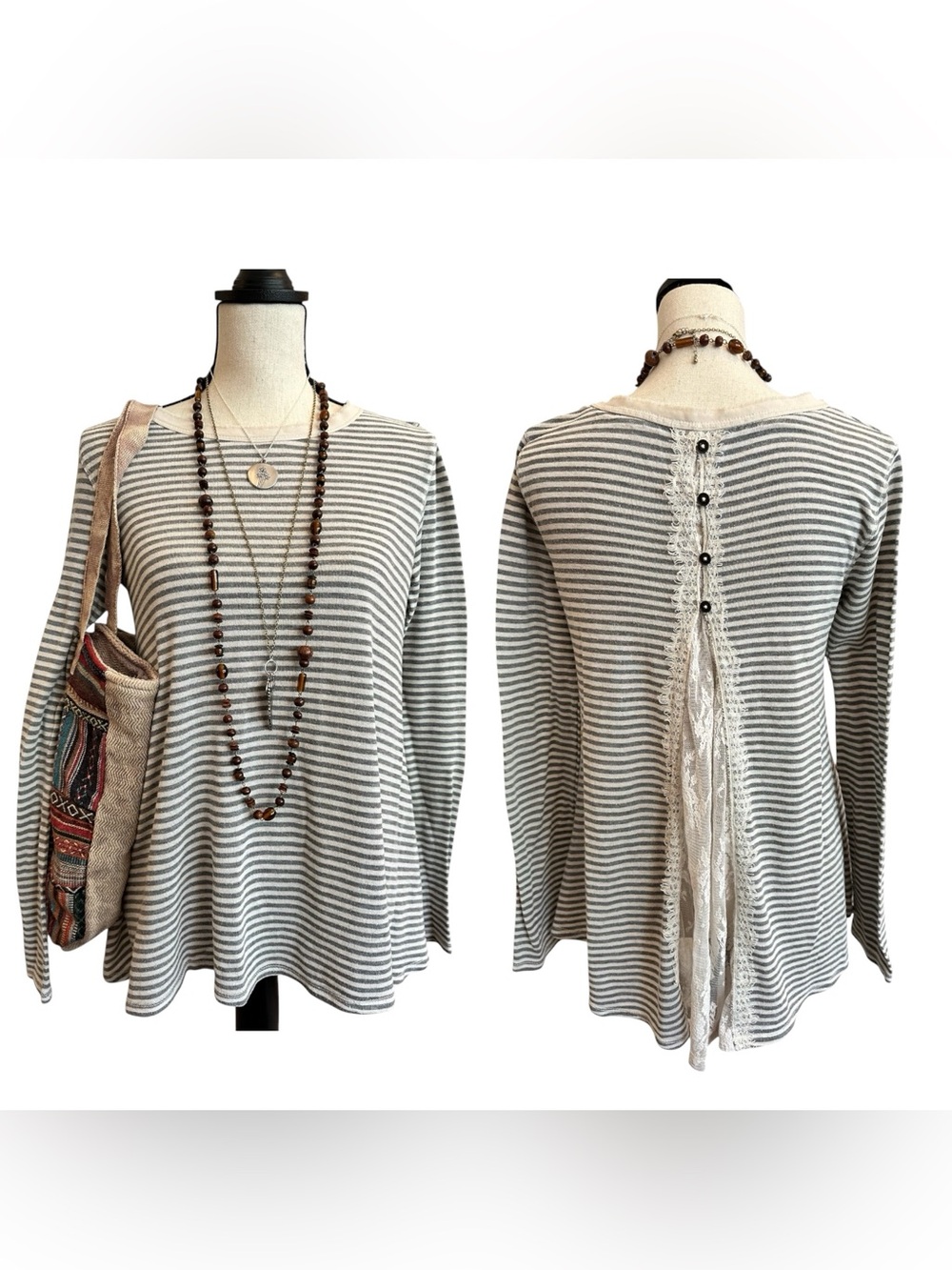 Xhilaration Striped Lace Back Top Boho Tunic Gray Cream | Medium